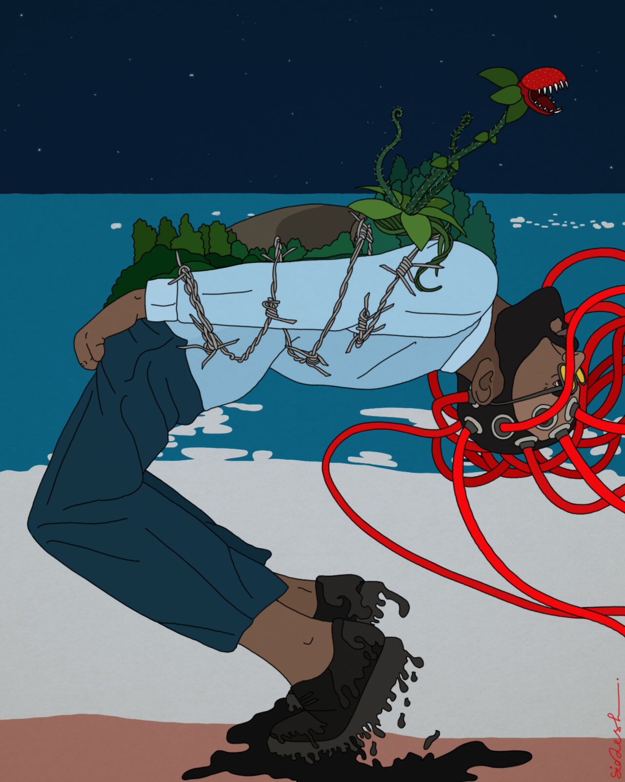 digital illustration of a man falling back with red wires on his head and plants growing on his chest