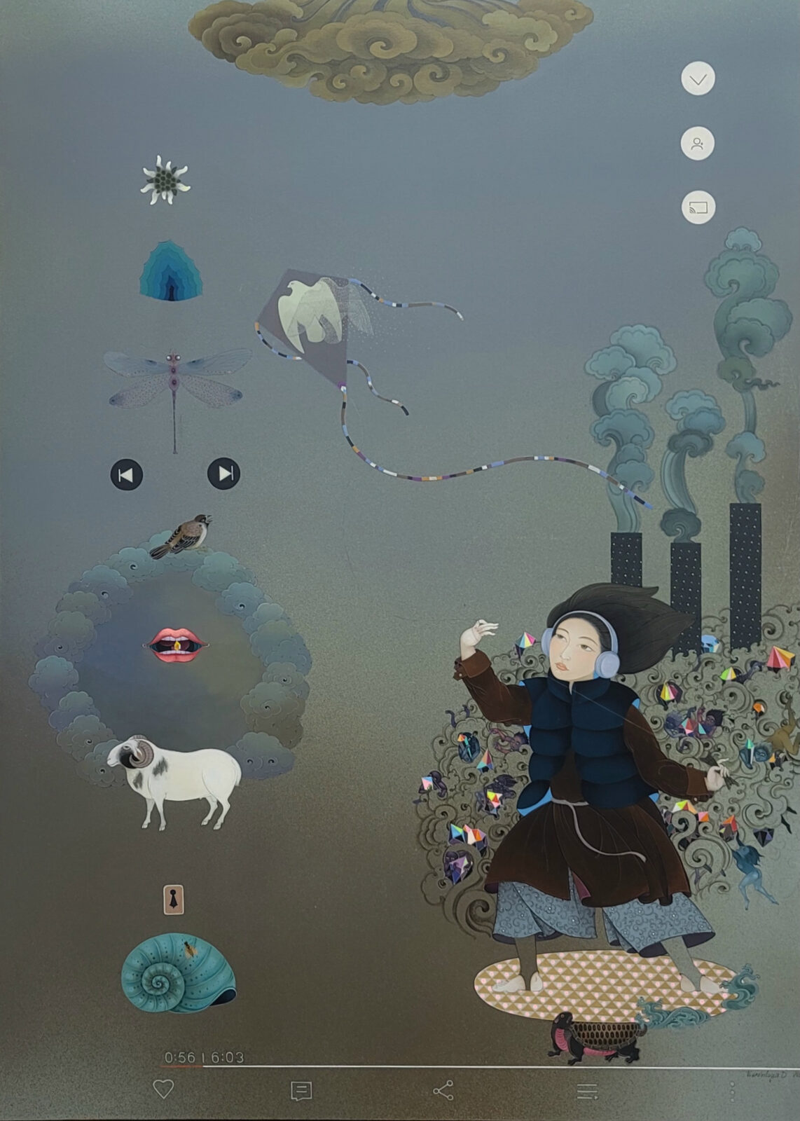 painting of a woman flying a kite on a blue and gold background with three black rectangles releasing smoke, and a bird, human mouth, ram, and shell in the foreground