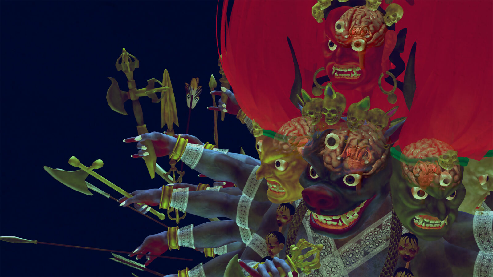 Video still of a four-headed, ten-armed figure with red hair in front of a blue background, with each arm holding a different object