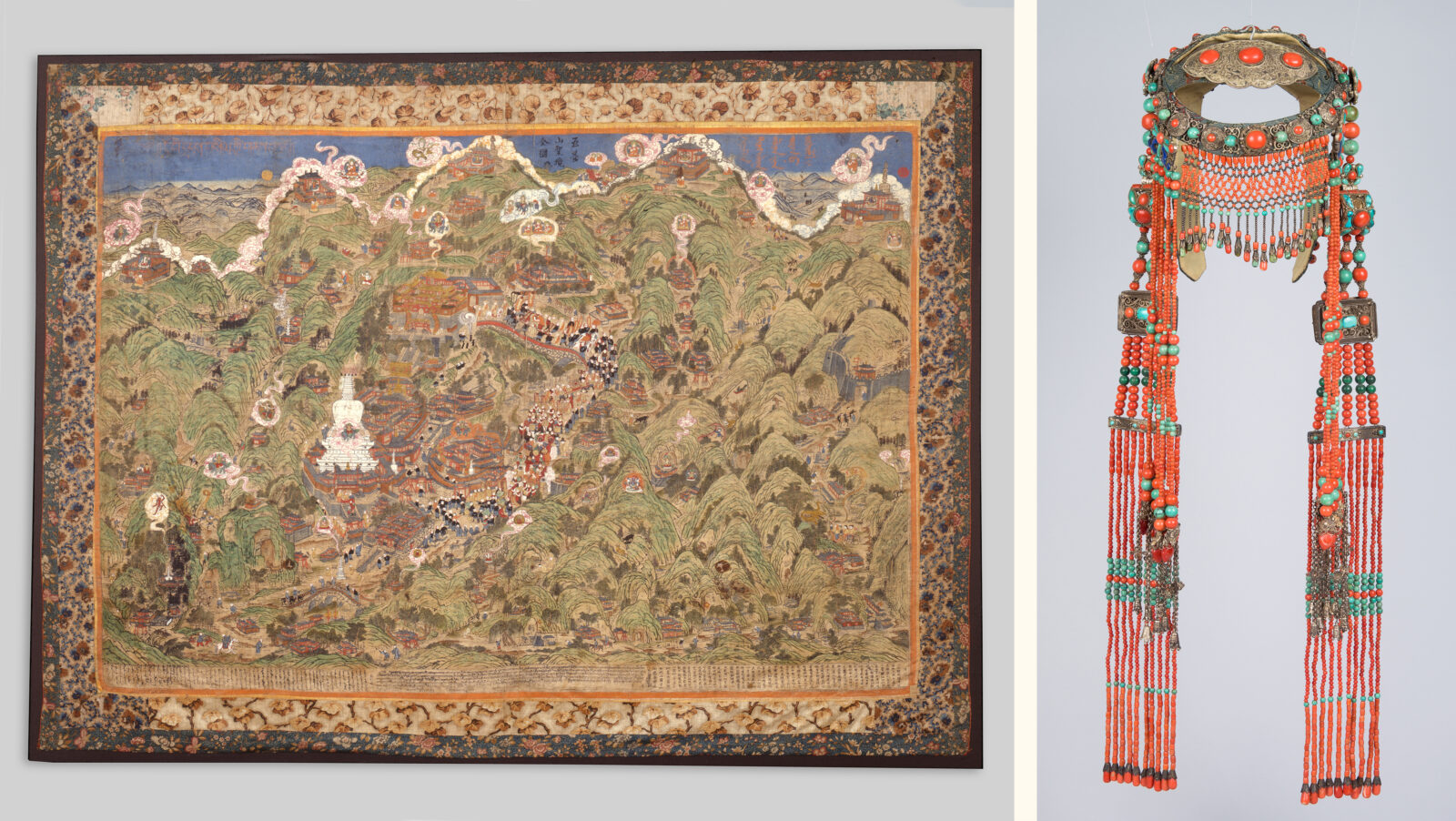 A collage of the Panoramic Map of Mount Wutai on the left side and the Chahar Mongolian headdress on right right side
