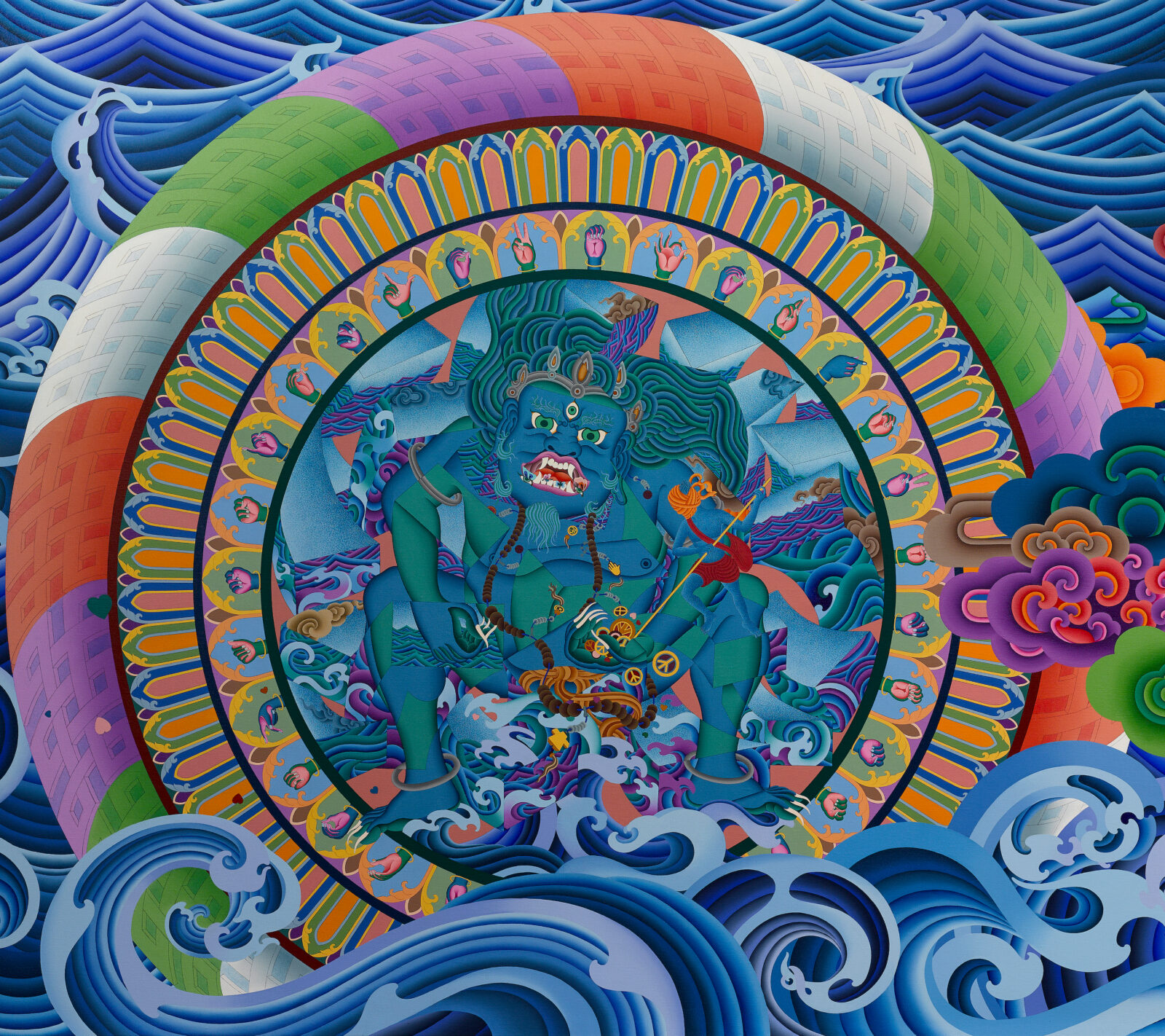 Painting of a blue and green figure in the center of colorful concentric circles, in front of an abstract water background